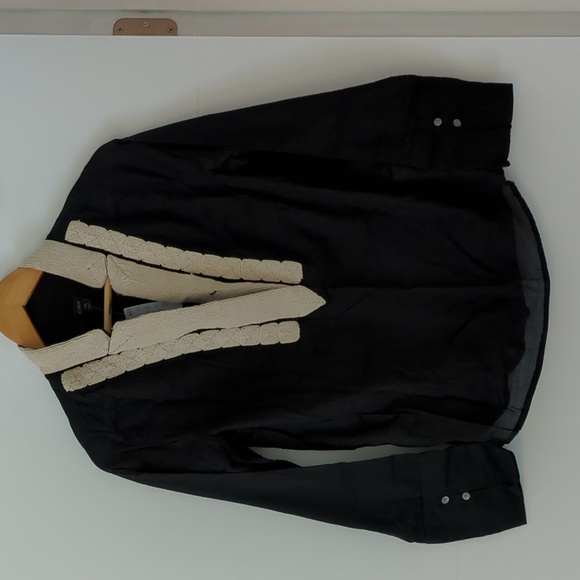 J. Crew Soutache Trim Tunic In Cotton Voile Black Shirt Cream Embellishments XS - Picture 2 of 5